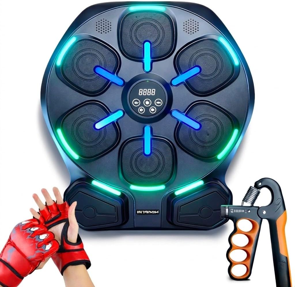 Smart LED Music Boxing Machine, Reaction Boxer Training Device with Light-Up Targets & Music, Reflex Speed Trainer for Home Workout, Adjustable Hand Grip Strengthener with Counter, Fitness Bundle