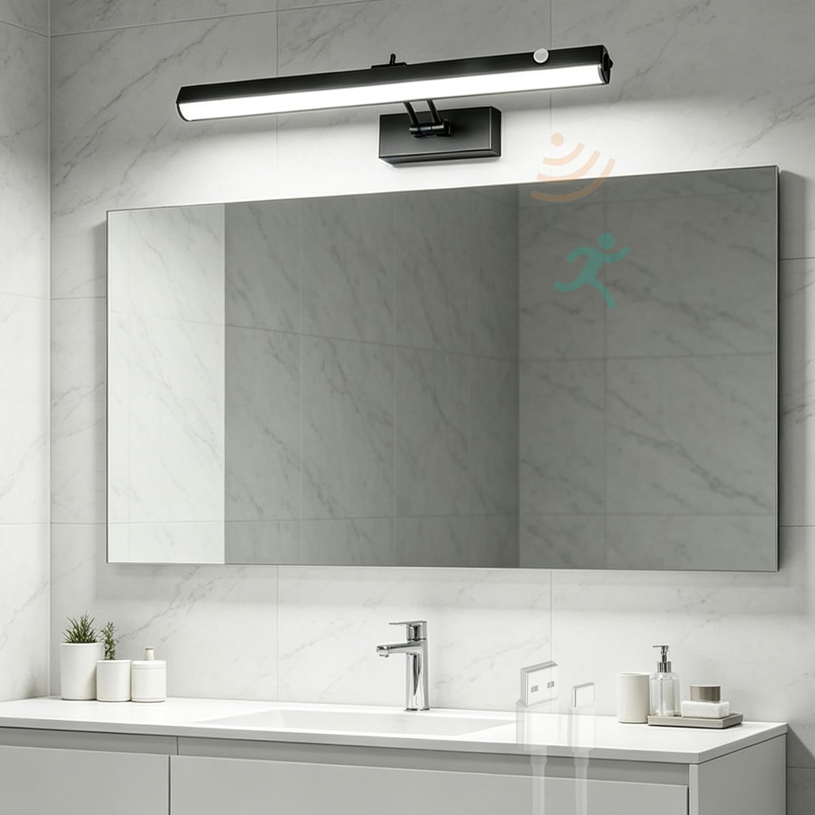 LED Lampada a Specchio Bagno Ricaricabile Applique da Parete con Sensore di Movimento 180° Girevole Iluminazioni per Pareti con Interruttore Soggiorno Camera da Letto (Nero Luce Bianca,30cm)