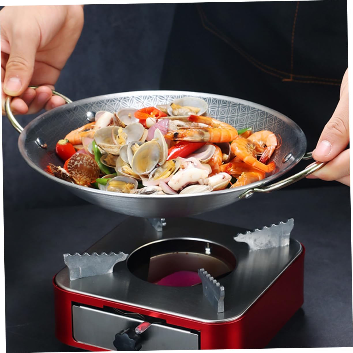 DECHOUS Padella Paella in Acciaio Inox Doppio Manico, Vaschetta | Resistente All'usura, Facile Pulire e Appendere, Adatta per Cucina Domestica e Locale Hot Pot