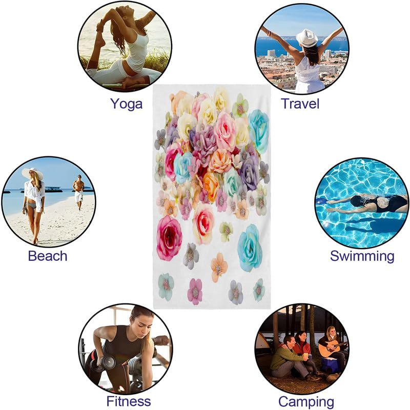 Telo mare con fiori di rosa, telo mare extra large, in microfibra, ad asciugatura rapida, per piscina, palestra, asciugamano da spiaggia assorbente senza sabbia, per bagno, viaggi,