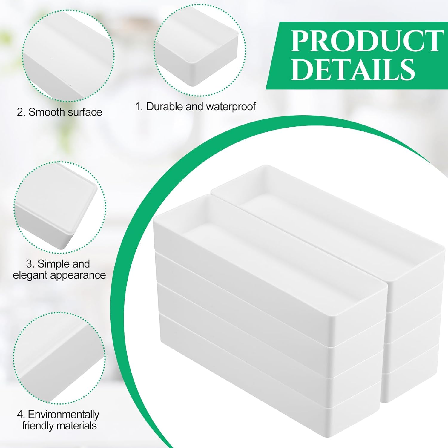 Teling 8 Pcs Plastic Desk Drawer Organizer Rectangular 9.45 x 2.95 x 1.38'' Half Accessory Letter Tray Paper Stationery Tray Stackable for File Desktop Vanity Organizer Office Supplies, White