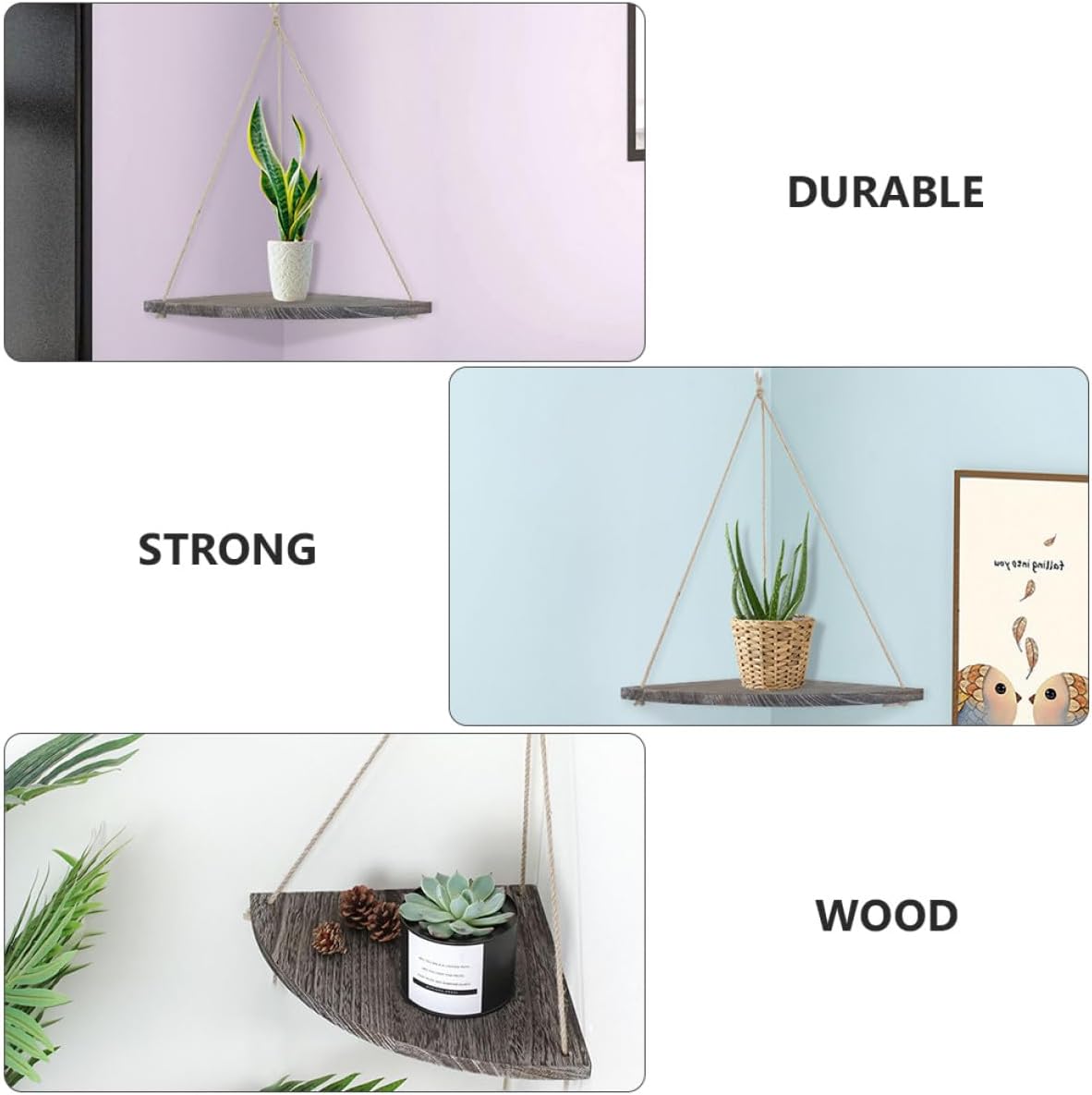 Veemoon Vintage Fan-Shaped Wall Corner Shelf Multi-Layer Wooden Wall Hanging Storage Rack with Rope Divider for Home Storage and Decorative Display