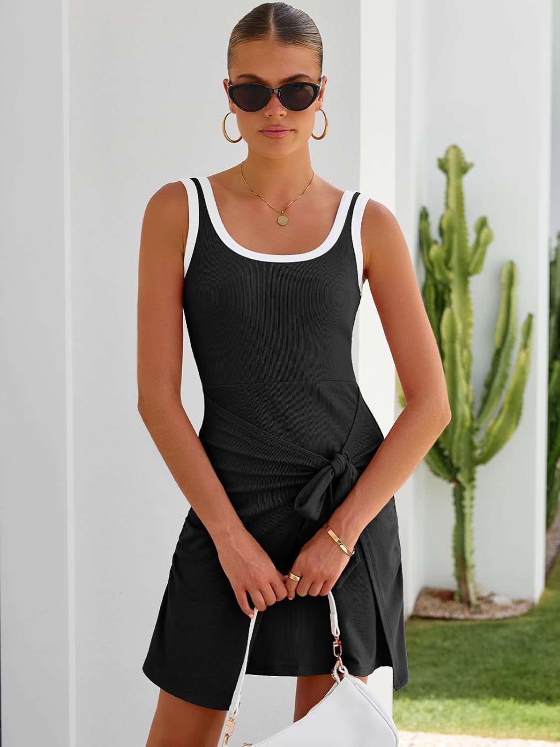 IHOT 2026 Women's Casual Sleeveless Scoop Neck Tank Dress Ribbed Knit Front Tie Waist Vacation Mini Dresses - Image 6