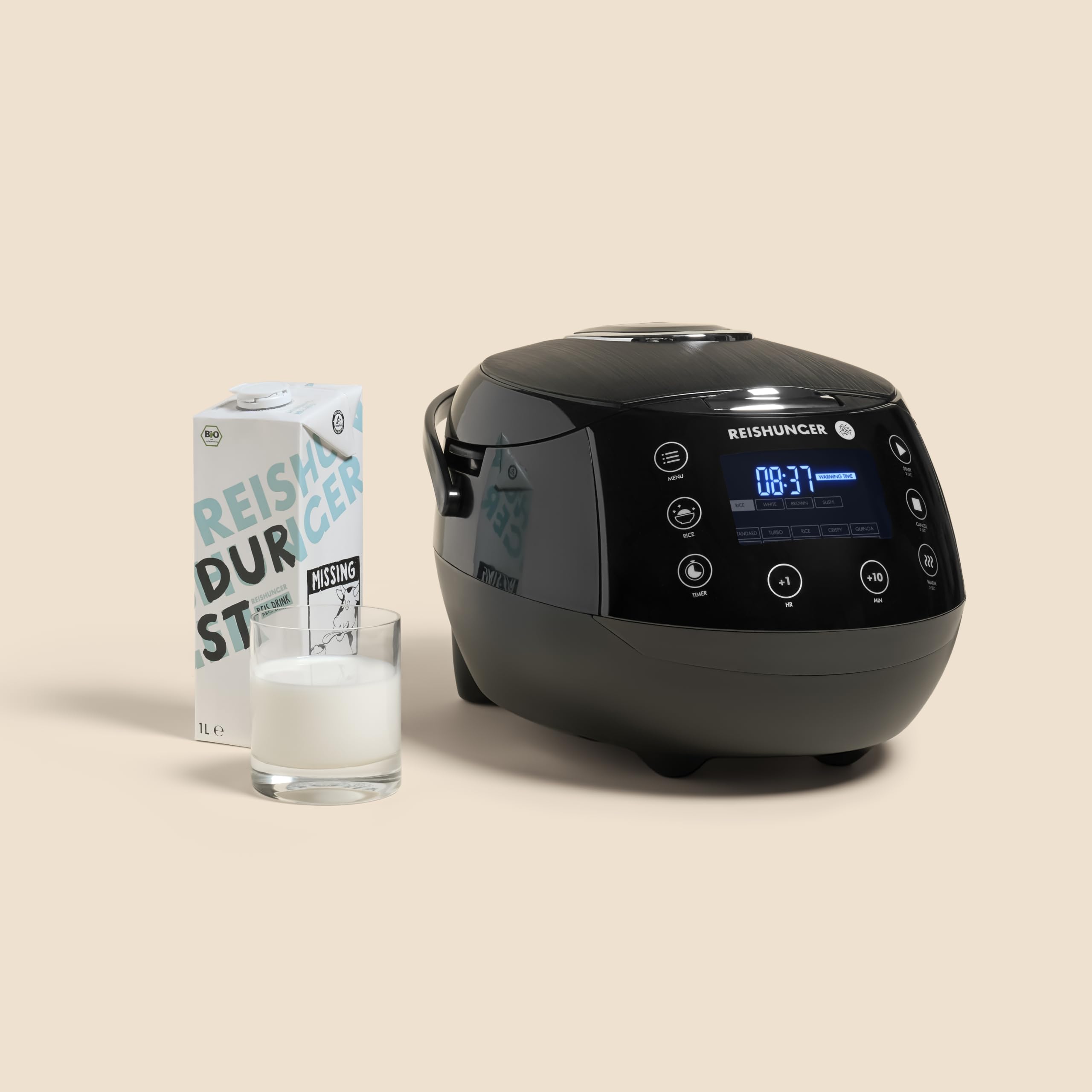 REISHUNGER Digitaler Reiskocher & Dampfgarer – 1,5L – Schwarz | bis zu 8 Personen – Warmhaltefunktion, Timer & Premium Innentopf – Multikocher, 12 Programme, 7-Phasen-Technologie