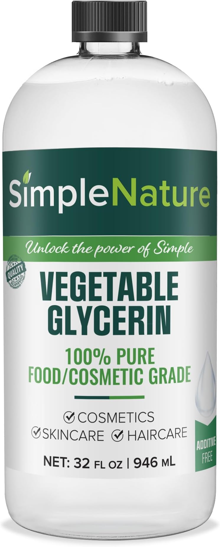 SimpleNature 100% Pure Vegetable Glycerin - 32 oz - Natural Pure Food/Cosmetic Grade for Skincare, Haircare, Cosmetics, Soapmaking, Crafts - Softening & Moisturizing Multipurpose Humectant