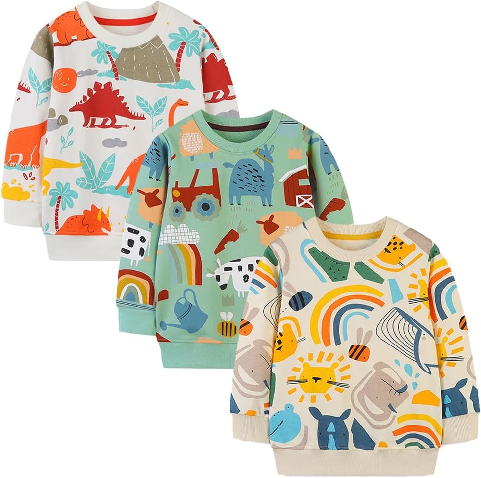 GFQLONG Toddler Boy Sweatshirts,Boys Pullover Crewneck Long Sleeve Shirts,Cotton Dinosaur Cartoon Sweaters Tops