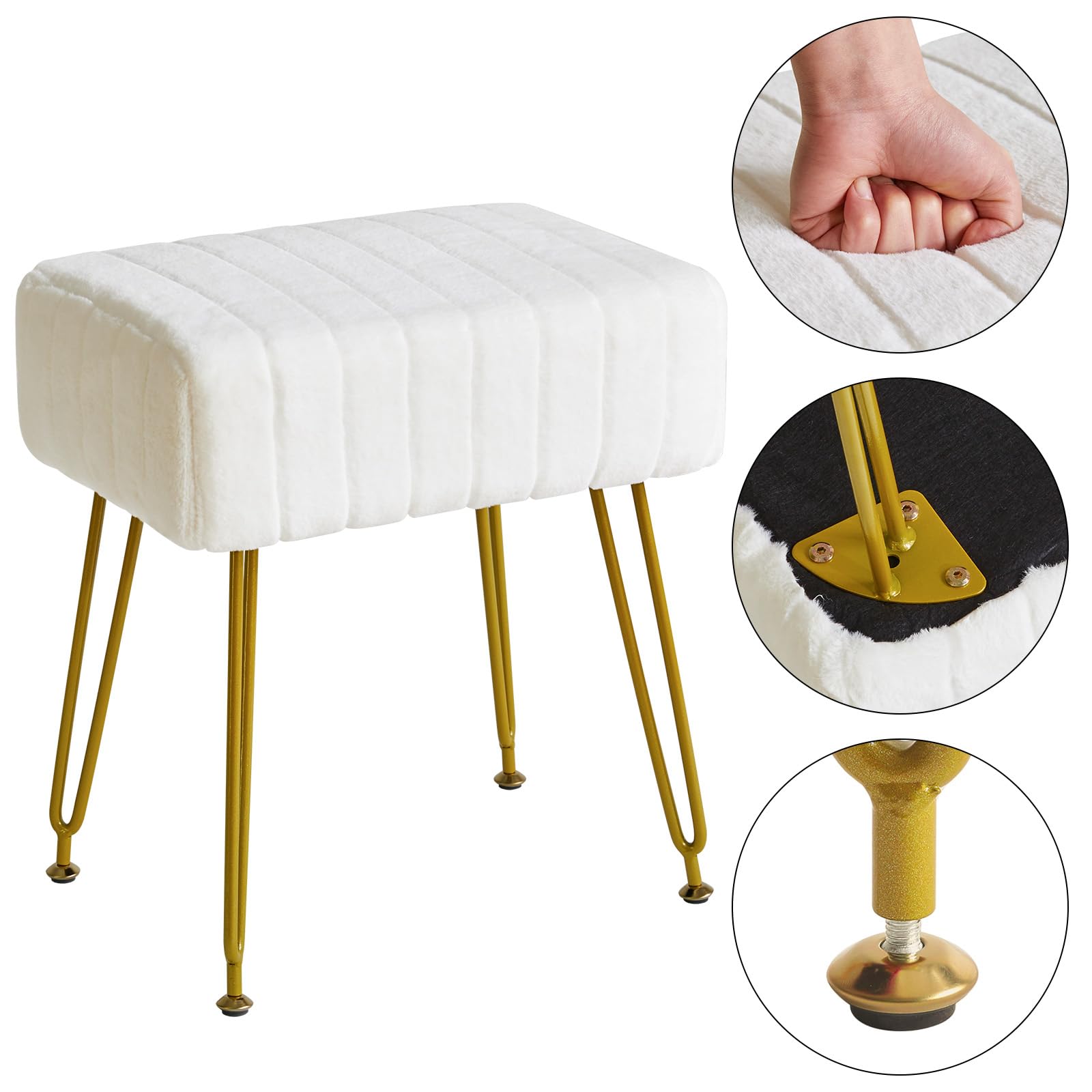 IBUYKE Velvet Rechteckiger Fußstützenstuhl Ottoman, Make-up Eitelkeits Hocker Beistelltisch, Samt Schminktisch Sitz, Pouf Couch Hocker, Goldene Stahlbeine, weiß L/G-51W
