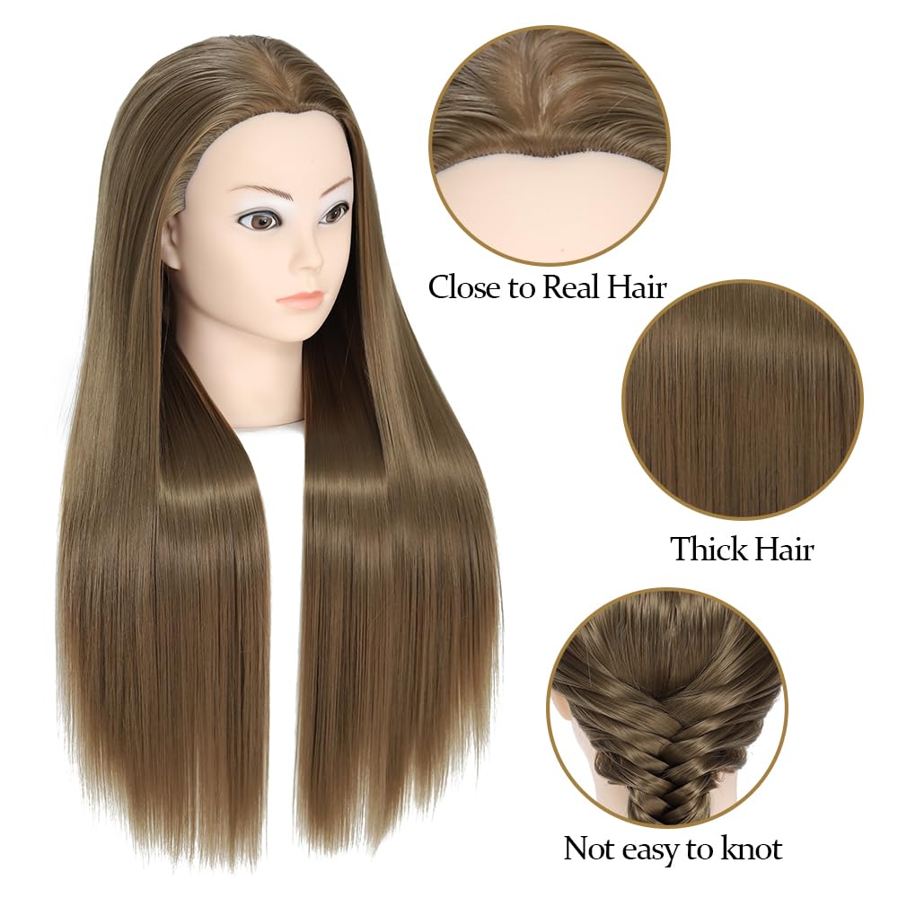 Cabeza de entrenamiento, 26-28" 100% fibra sintética pelo largo peluquería cosmetología cabeza de maniquí para la práctica de peinado con pinza libre juego de trenzado (18)