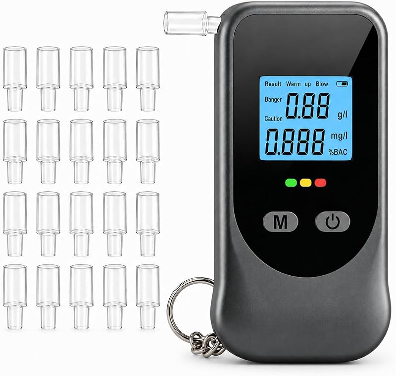 Probador de alcoholímetro con llavero, probador portátil de BAC | Dispositivo de prueba de alcohol y aliento de alta precisión con pantalla LCD digital, incluye 20 boquillas para el hogar, fiesta (negro)