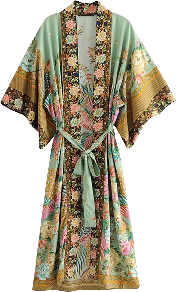 Women's Kimono Long Robe Boho Floral Peacock Print Open Kimono Cardigan Swimwear Cover Ups