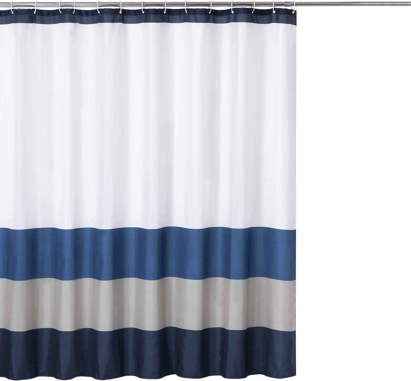 Rama Rose Water Repellent Striped Print Shower Curtain with Hooks for Bathroom Showers– 70 x 72 Inch, Navy/Blue/Grey/White