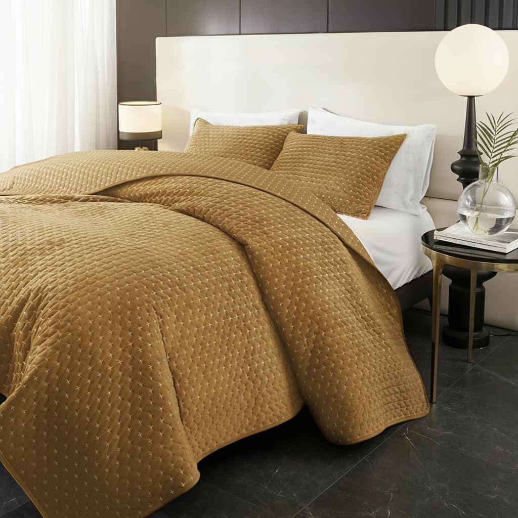 Powdion Velvet Quilt Queen, Oversized Bedspread Quilted Bedding Set, Luxurious Soft Coverlet Set Lightweight Velvet Comforter with 2 Pillow Shams,Brwon, 90x96 Cross Stitch Striped Quilt Queen