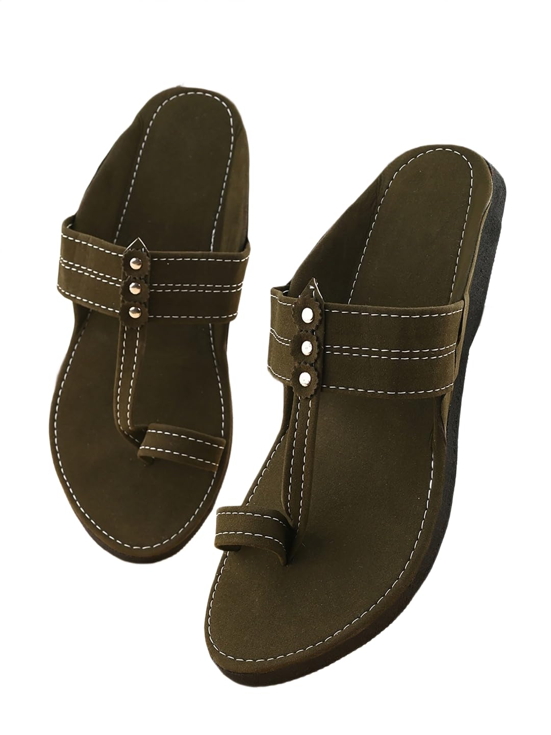 Anjaneya Creations Men's Green Sandal Velvet Kholapuri Chappal Toe-Ring Style Studded Strap Detail Contrast Stitching Black Sole