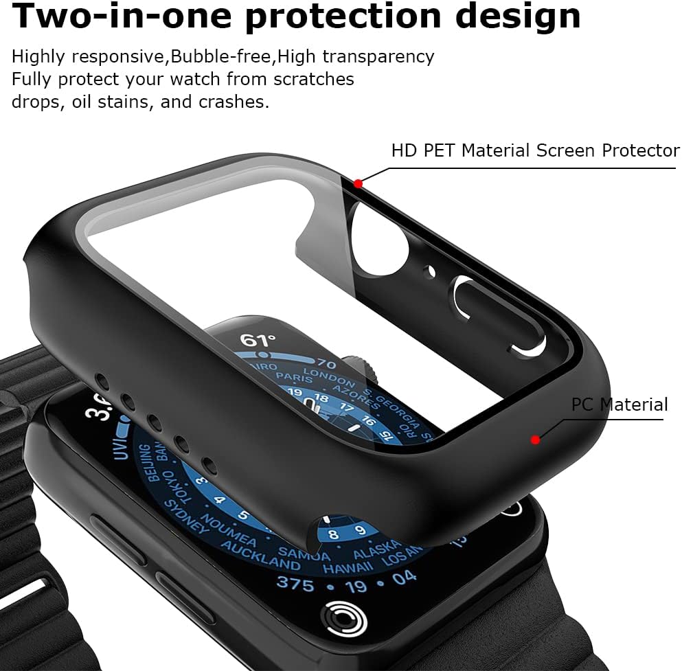 WATACHE 2 Pack Tempered Glass Screen Protector Case Compatible with Apple Watch Series 8/7 41mm,Hard PC Full Coverage Bumper Protector Cover for iWatch 41mm Accessories,Black+Blue