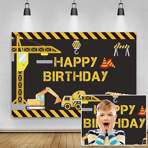 Miniatura 2 de Telón de fondo de fiesta de cumpleaños con temática de construcción, Yeele de 7 x 5 pies, camión volquete de grúa de excavadora, suministros y
