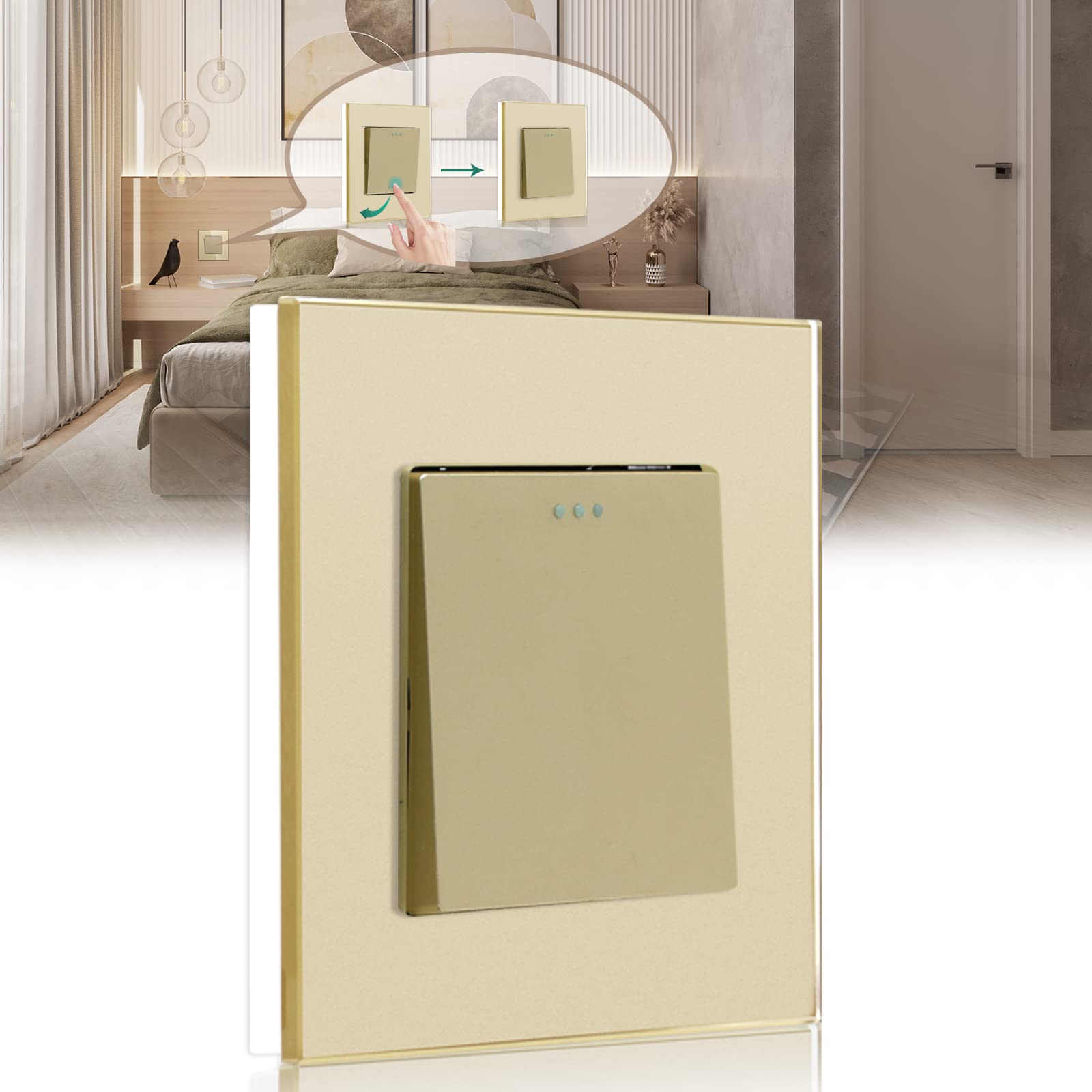 BSEED Light Switch 1 Gang 1 Way,Rocker Switch with Crystal Glass Panel,10A Flush-Mounted Button Toggle Switch,Wall Light Switch Gold(Jump Back to Original Position after Pressing) — image 1