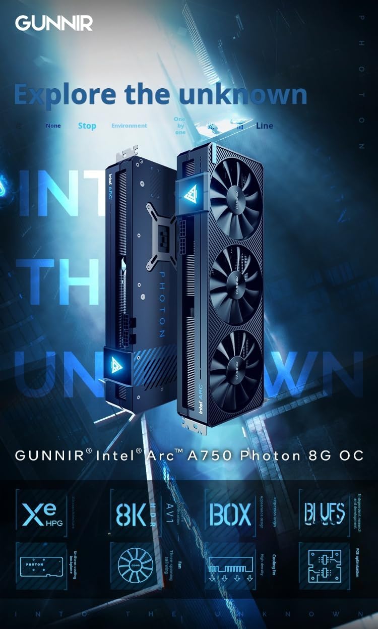WEELIAO GUNNIR Intel Arc A750 Photon 8G OC GDDR6 2400MHz Triple Fan Black Graphics Card (256-bit, PCIe 4.0, HDMI/DisplayPort, Supports 4k)