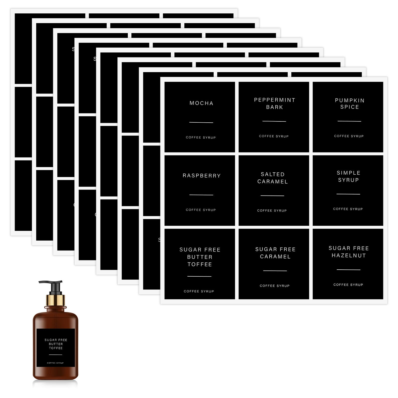 Elegaperma 72pcs Coffee Syrup Labels for Glass Bottles, Coffee Labels Stickers for Coffee Bar and for Syrup Dispenser Drinking Bottle Glass Cups Organization, Black
