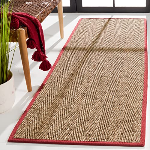 SAFAVIEH Natural Fiber Collection Runner Rug - 2'6" x 14', Natural & Red, Seagrass, Herringbone Pattern with Border (NF115D)