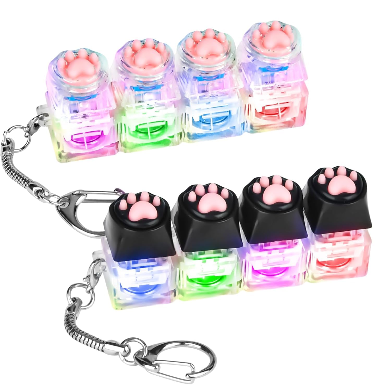 2 Pcs Keyboard Fidget Toy Keychain, Cute Cat Paw Keychain Clicker with LED Light, 4 Button Fidget Keyboard Keyring, Portable Keyboard Clicker Fidget Keychain for Stress Relief for Adults Kids