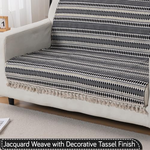Image of HOKIPO 'Artisan Boho Series' 450 GSM Sofa Cover with Tassels | Multicolor Cotton Acrylic Jacquard Slipcover for 2 Seater Sofa, Size 152x120 cm, Charcoal Black (IN-908-A3)