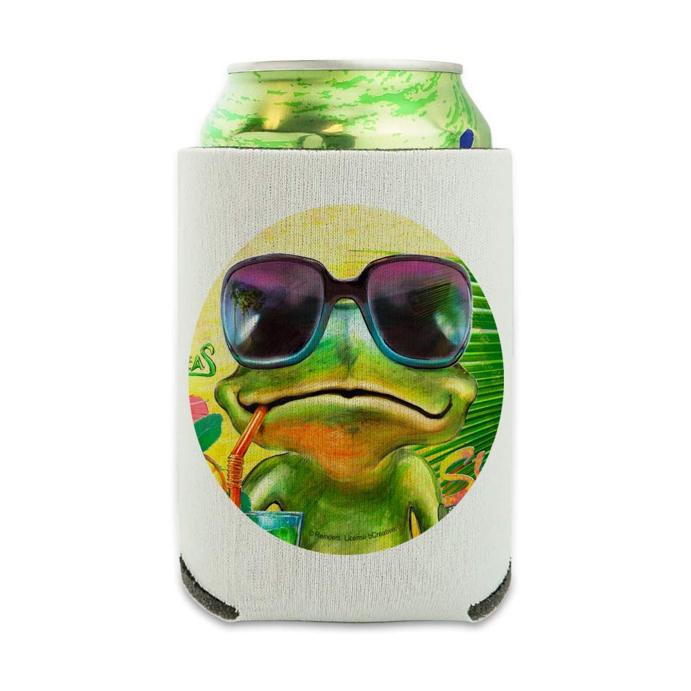 Summertime Vacation Frog Can Cooler - Drink Sleeve Hugger Collapsible Insulator - Beverage Insulated Holder
