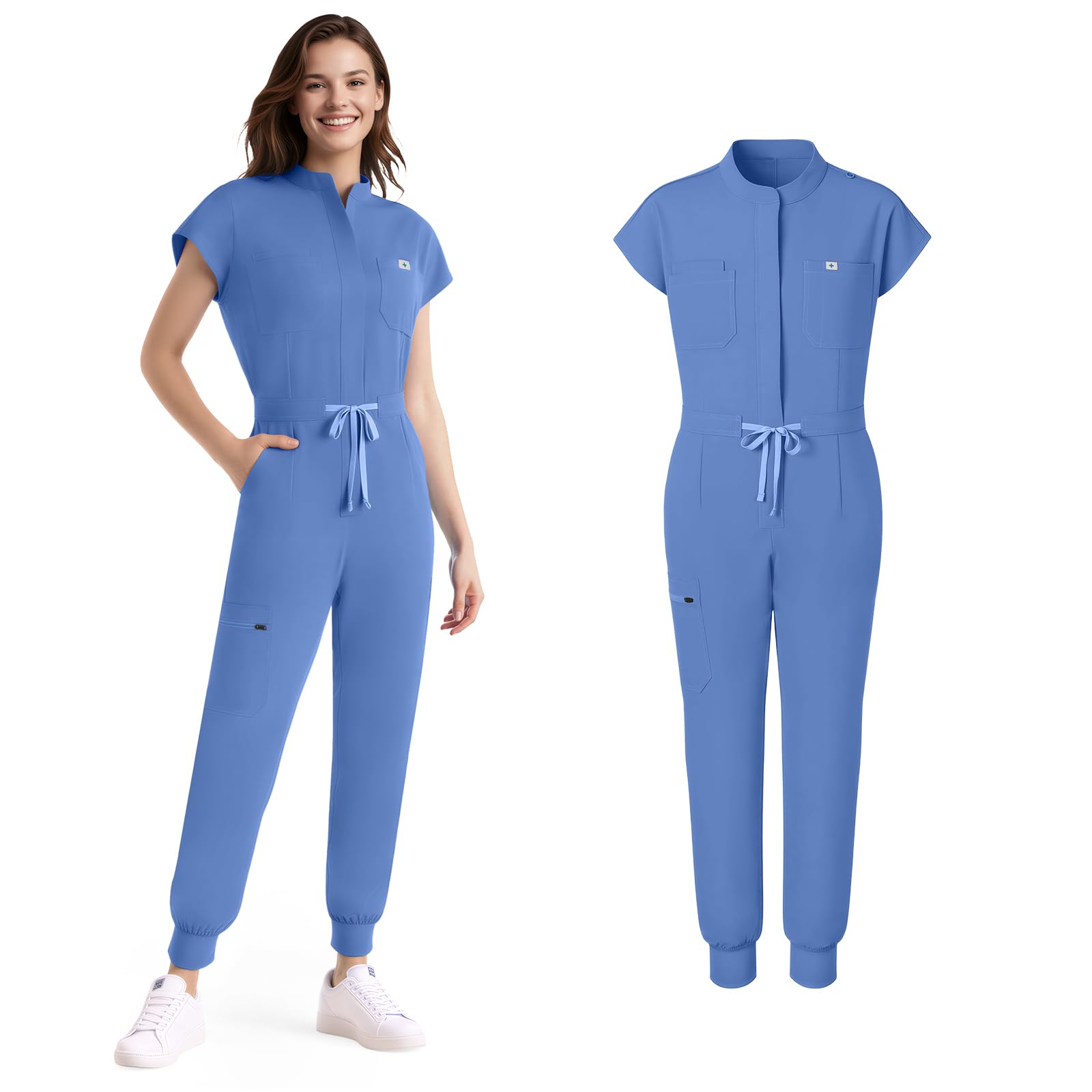 Tuta da donna chirurgica medica, uniforme medica con colletto rialzato e design senza maniche, 8 tasche funzionali, pagliaccetto per professionisti medici