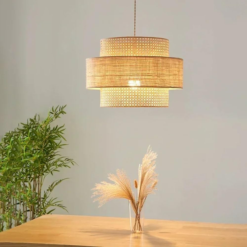 XQIDIANAA Boho Wicker Pendant Light, Woven Rattan Hanging Light Fixture, Height Adjustable Cord, E26 Socket, Farmhouse Rustic Ceiling Pendant for Kitchen Island Bedroom Hallway