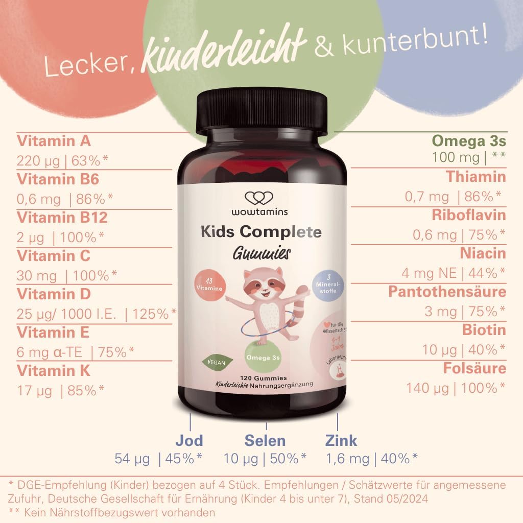 wowtamins Kids Complete - Vegane Multivitamin Gummies mit Omega 3 (30-Tage-Vorrat) - Vitamine für Kinder - Nahrungsergänzungsmittel für das Immunsystem mit Vitamin C, D3, B12, Zink & mehr