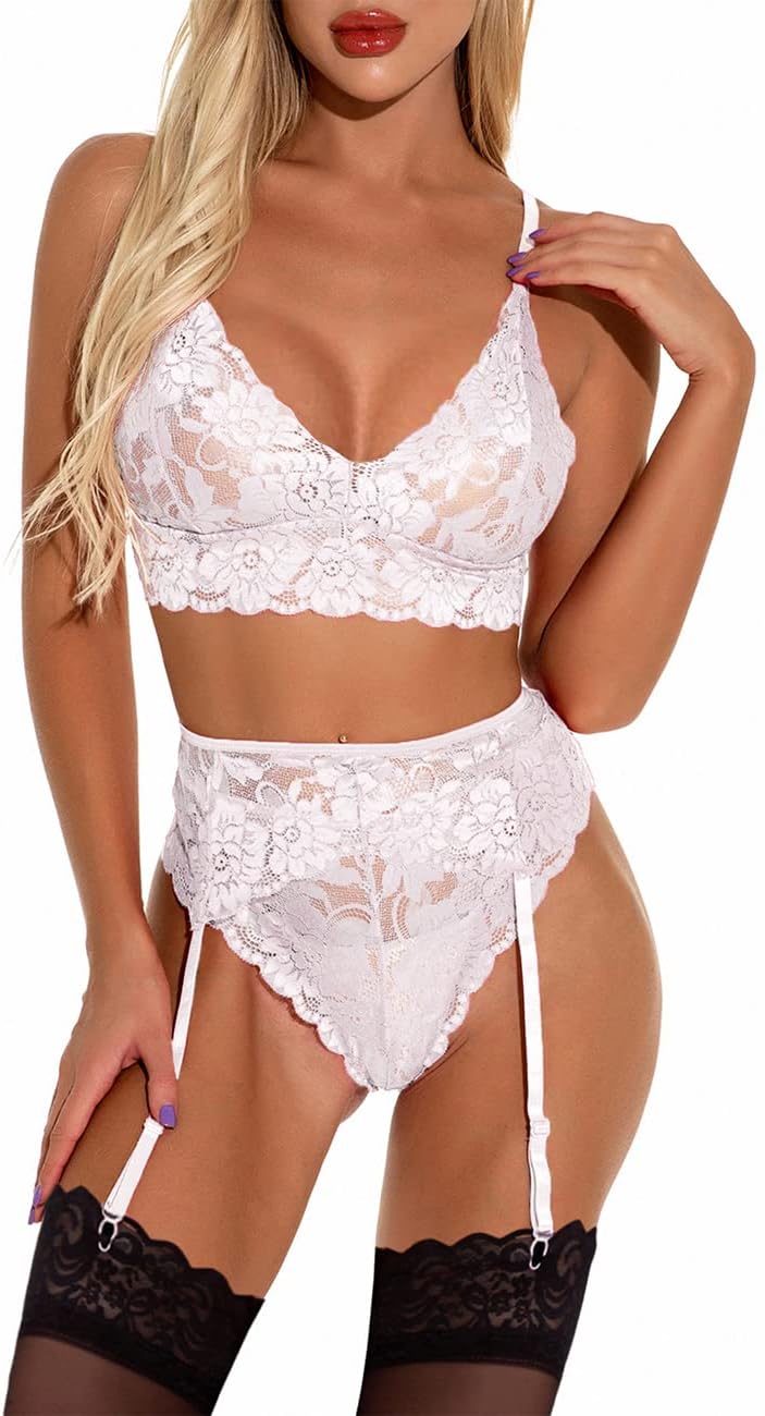 marysgiftSexy Lingerie Plus Size Suspenders Bra and Panties Set Sheer Straps Babydoll Nightwear Lace Underwear UK Size 6 8 10 12 14 16 18