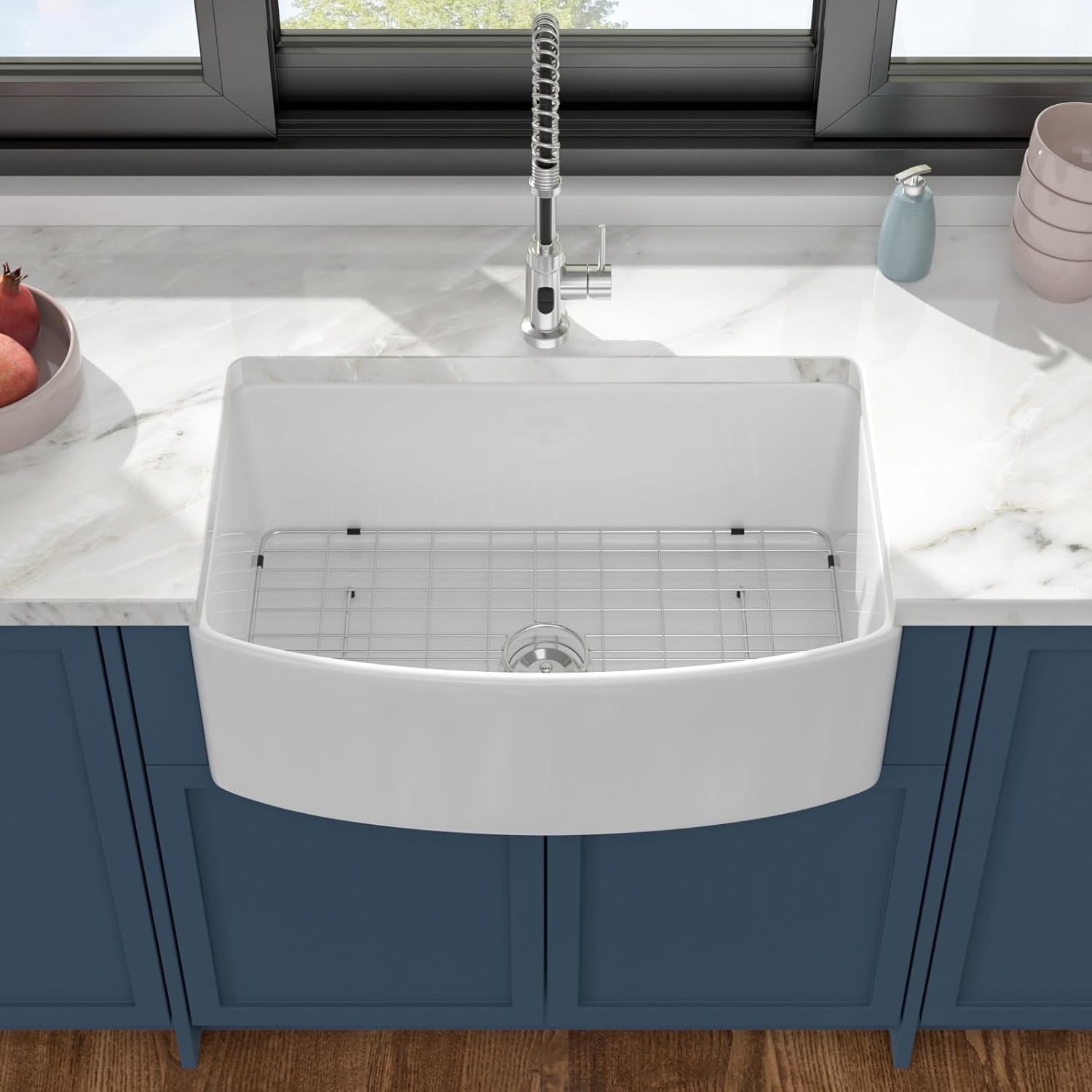 Dcolora 30" White Curved Farmhouse Sink, Fireclay Apron Front Kitchen Sink with Elegant Arc Edge, Deep Single Bowl Ceramic Farm Sink, 30"x19"x10" #DC-A8872