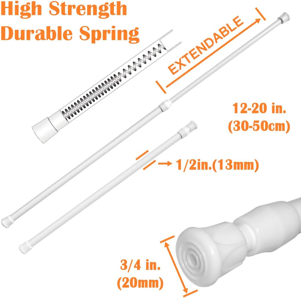 KXLife Tension Curtain Rod No Drill 12-20", Small Spring Rod, 2Pcs, White