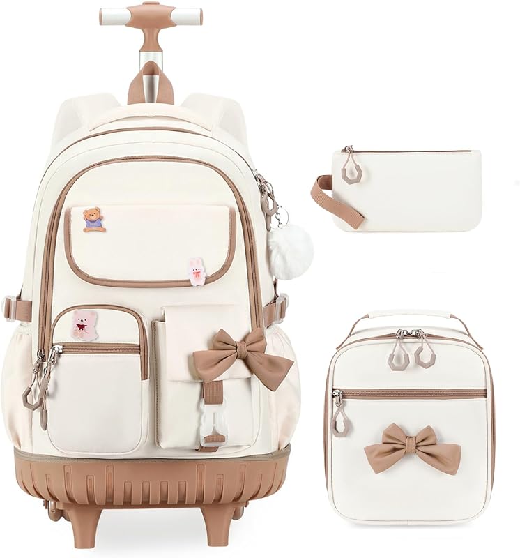 Rolling Backpack for Girls - Roller Wheels School bag with Lunch Bag & Pencil Pouch for Teen Girls Kids Wheeled Suitcase Backpacks, Elementary Middle School Travel Daypack(Beige Khaki)
