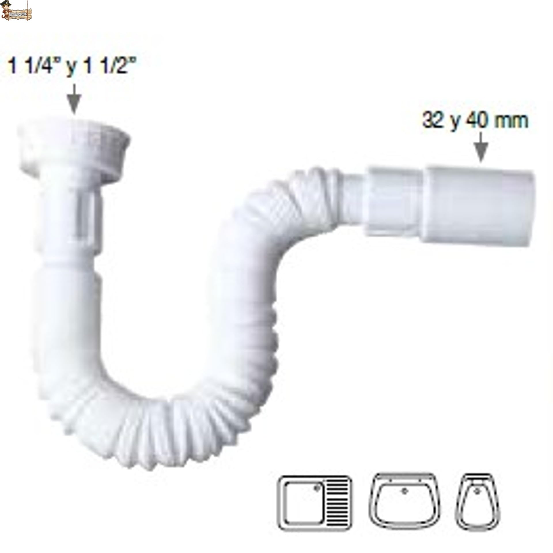 BricoLoco.com Sifón desagüe tubo flexible y extensible. UNIVERSAL de 1-1/4” ó 1-1/2”, y salida de 32 ó 40 mm. Para lavabo, fregadero, bidé, baño ó cocina. Manguera desagüe blanco. (1) - 5