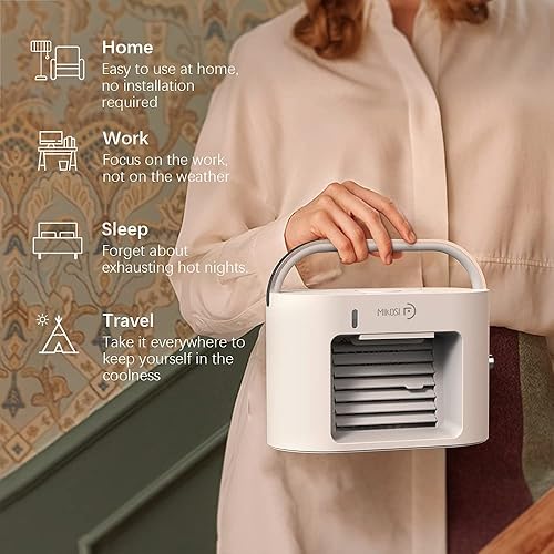 Miniatura 5 de Ventilador de aire acondicionado portátil 3 en 1, pequeño humidificador de aire evaporativo personal con luz LED, batería recargable para viajes de