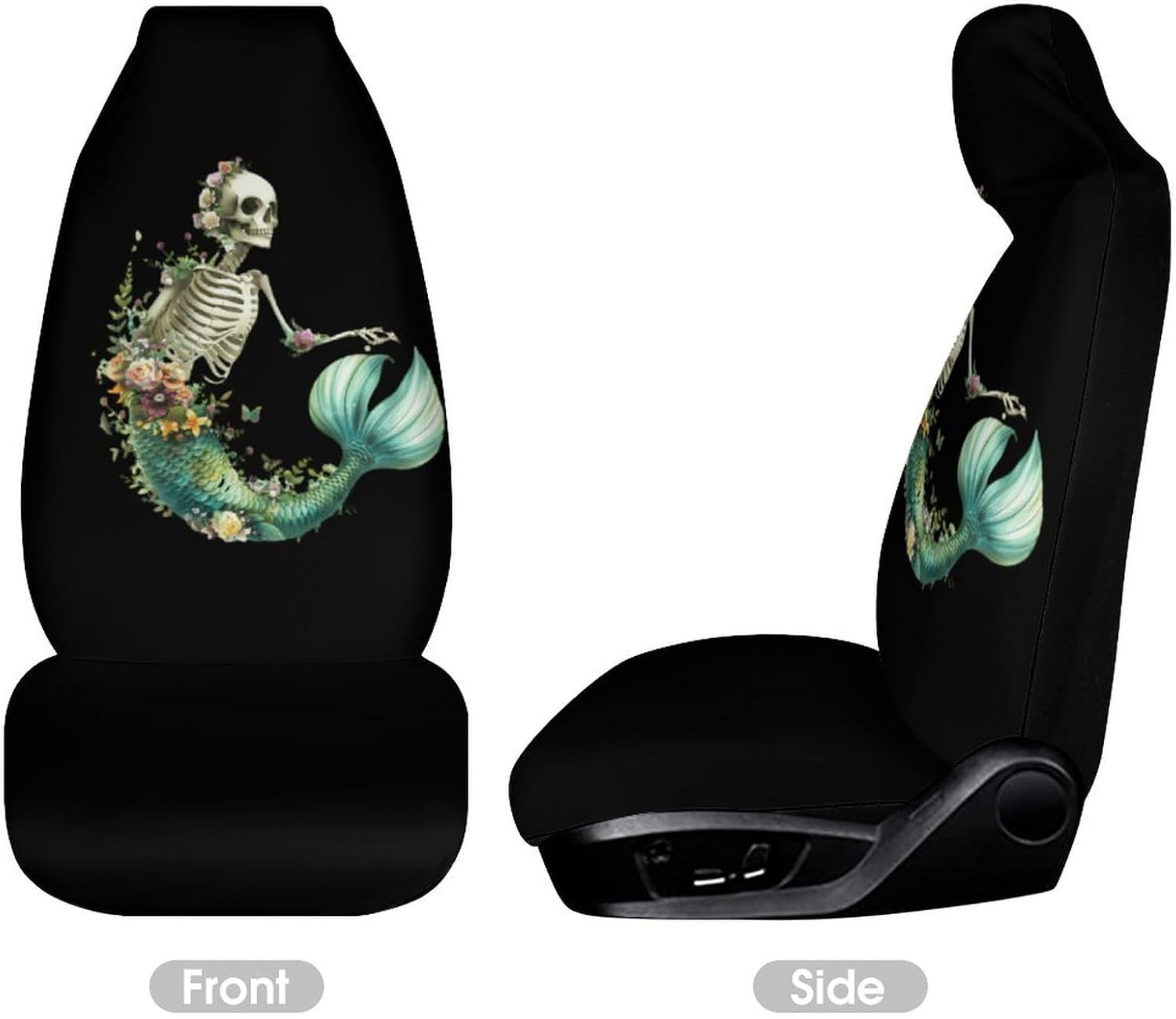 Goth Floral Butterflies Skeleton Mermaid Car Seat Covers Automotive Seat Covers Car Seat Protector Auto Front Seats Protector for Most Cars 1PCS