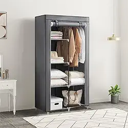 Guarda-roupa Dobrável para Pendurar Roupas Com 6 Prateleiras de Armazenamento, Organizador de Roupas de Pé para o Quarto, Armário Portátil, Cor Cinza