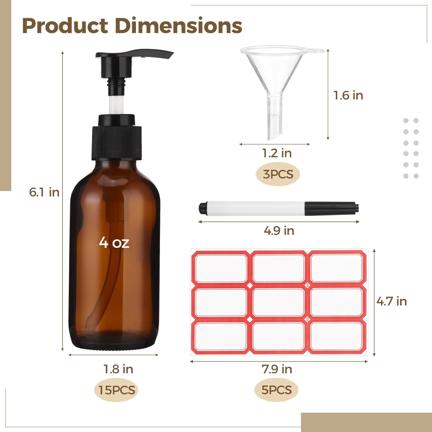 15 Pcs Amber Glass Pump Bottles - 4 oz Refillable Amber Travel Bottles Dispenser Set with Press Pumps, Includes 3 Funnels, 5 Label Sheets & Pen, Refillable Glass Containers for Lotions