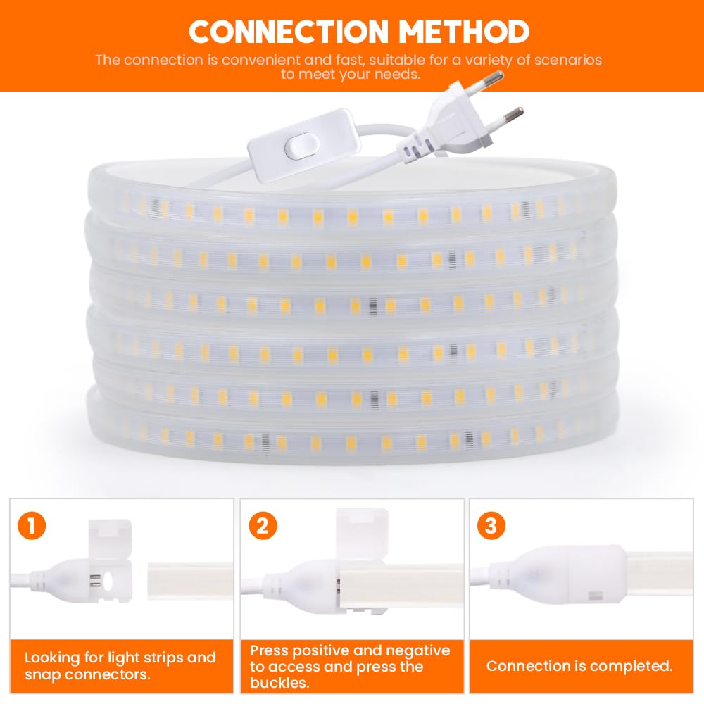220V Tira LED con encendido/apagado [34m, Blanco cálido 3000-3500K],flexible e impermeable IP65,SMD2835,120 LEDs/m Guirnaldas luminosas recortable CRI85+,iluminación decorativa para el hogar