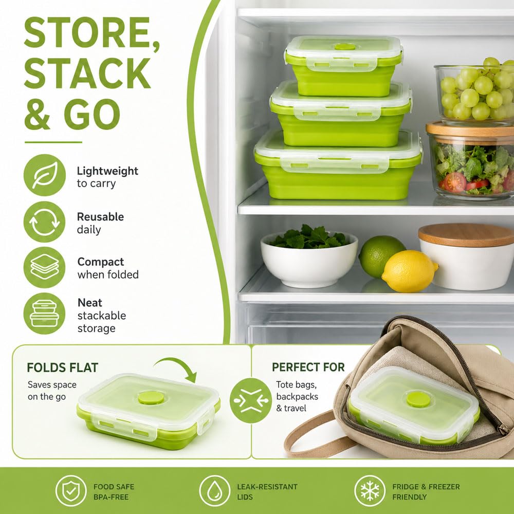 3 Pezzi Contenitori Pieghevoli per Alimenti 300/500/800 ML,Contenitori Alimenti Silicone con Coperchio, Contenitore Pranzo Ufficio,Schiscetta Porta Pranzo Ermetico per Picnic, Campeggio, Scuola