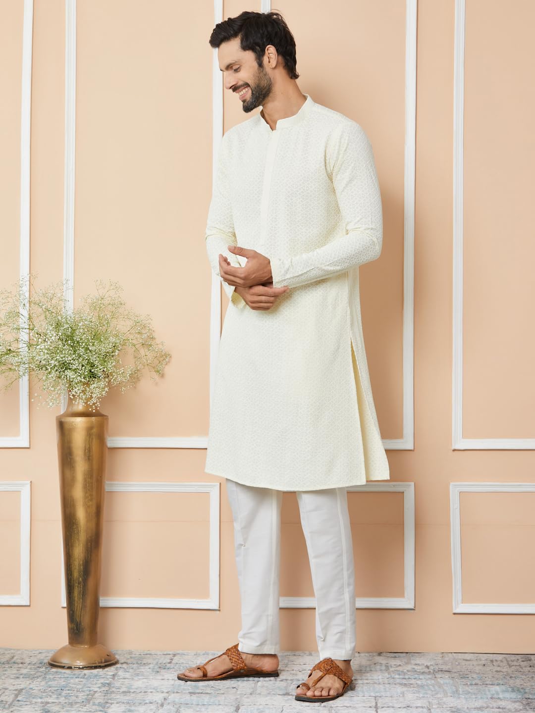 See Designs Men's Long Sleeve Mandarin Collar Side Slit Cream Embroidered Chikankari Rayon Straight Kurta - Sdkt2563Xl