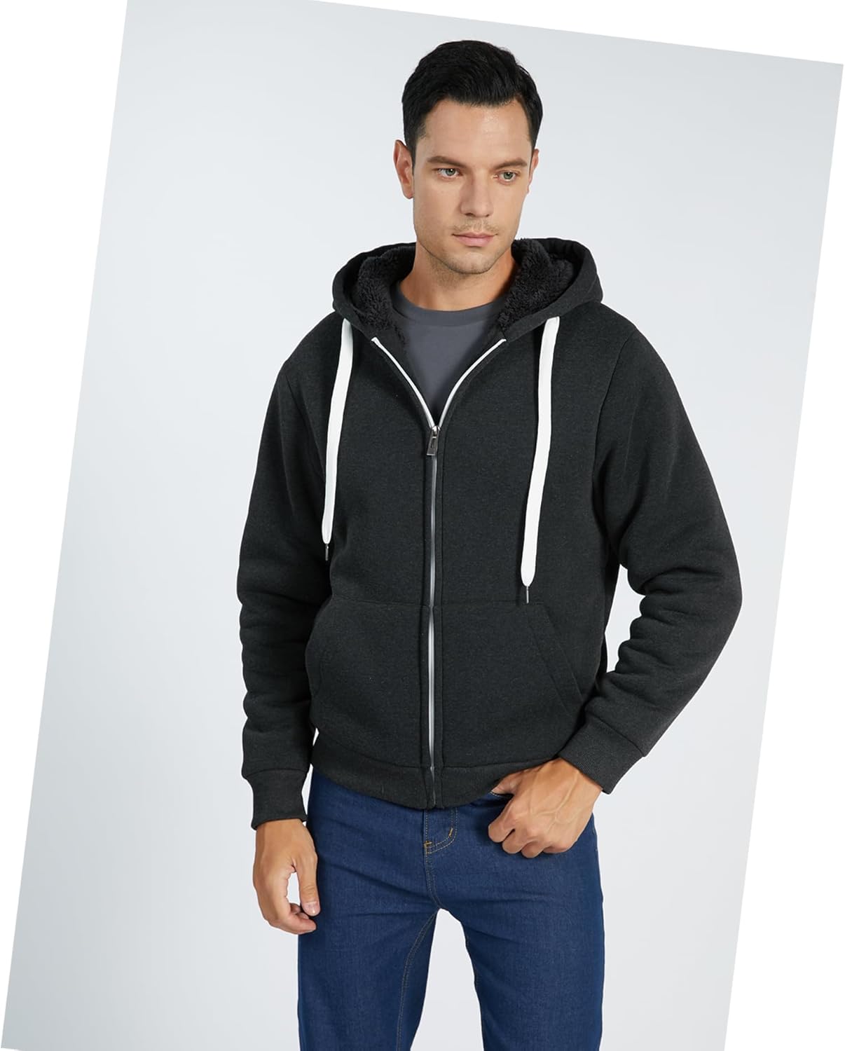 Little Beauty Fleece Hoodies for Men Winter Thick Jackets Sherpa Lined Zip Up Sweatshirt With Kanga Pocket - Image 3