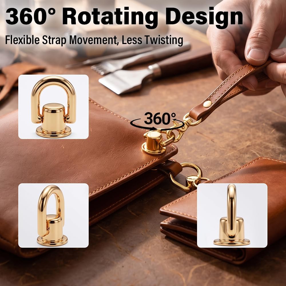 4 Pack Rotating D Ring Rivets for Purse Straps with Tools, Gold
