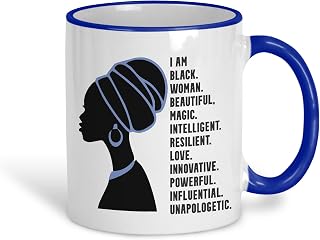 I Am Black Woman Beautiful Afro Hair Personalised Mug Gift Black Lives Matter BLM Natural Hair Africa Pride (White and Blue)