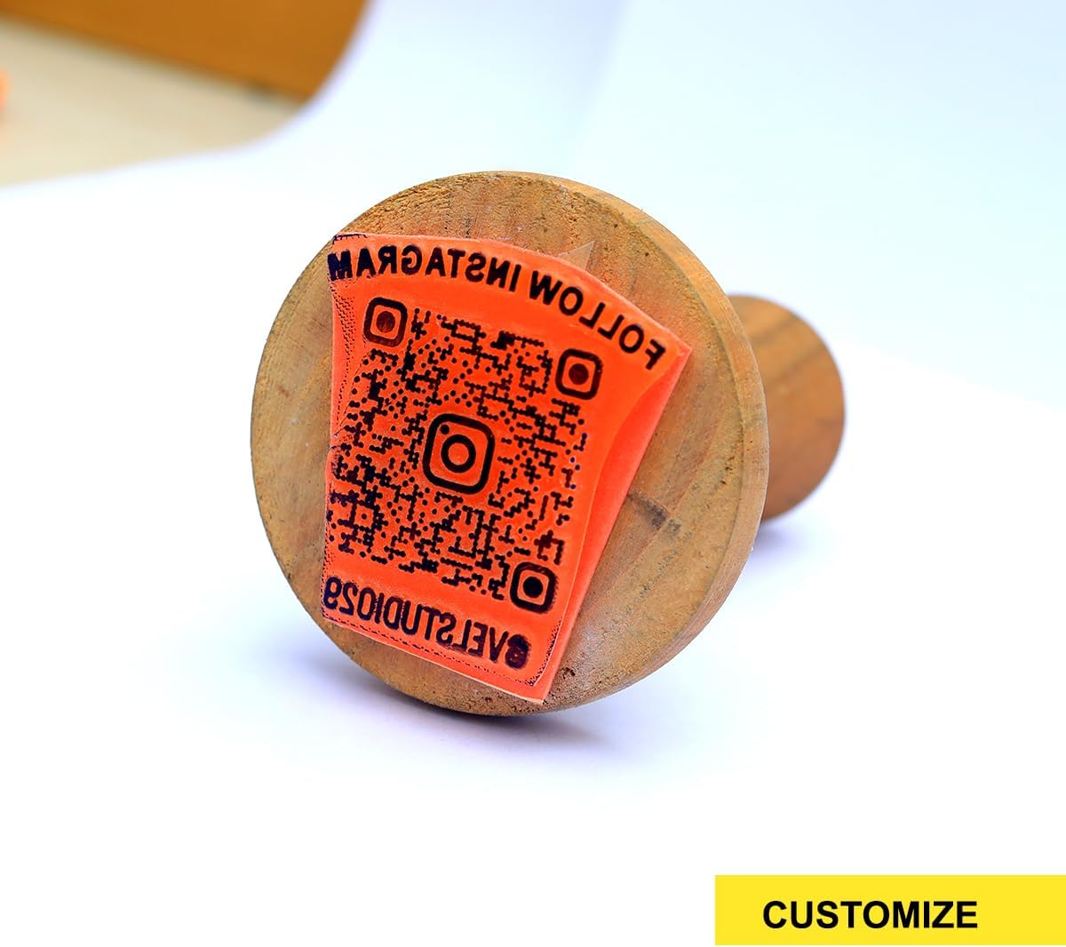 Custom QR Code Wooden Rubber Stamp with Insta Website QR – Reusable Stamp for Business Branding | VEL Studio