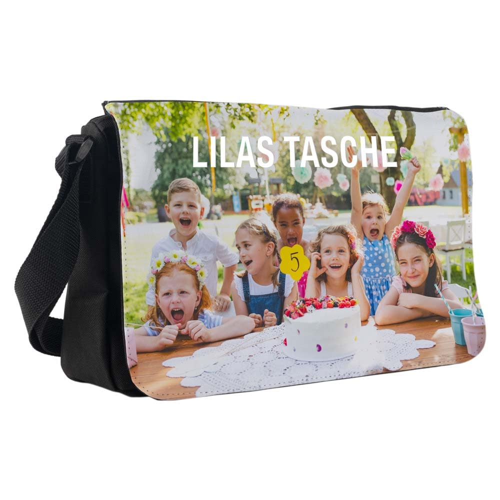 Ocadeau Fototasche mit eigenem Foto - Schultertasche mit bedruckbarer Frontklappe - Schwarze Tasche mit Foto zum Selbstgestalten