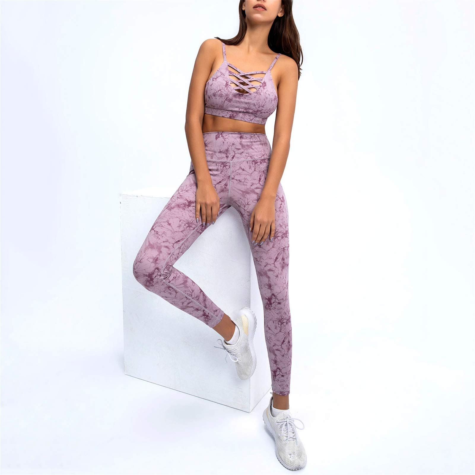 Damski strój sportowy do jogi, dres treningowy, damski do jogi, zestaw treningowy, 2 sztuki, krawat, materiał barwiący, wycięcie z przodu, sportowy biustonosz Crop Top, legginsy fitness, długie spodnie do studia fitness, odzież do joggingu Fit