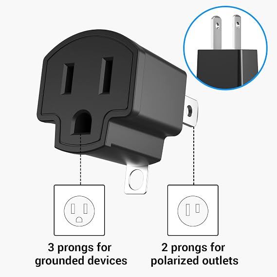 3 Prong to 2 Prong Adapter, 6 Pack ETL Listed Polarized Grounding Converter, Fireproof Material Wall Outlet Converter, Portable 3 to 2 Outlet Adapter Indoor Use, Black