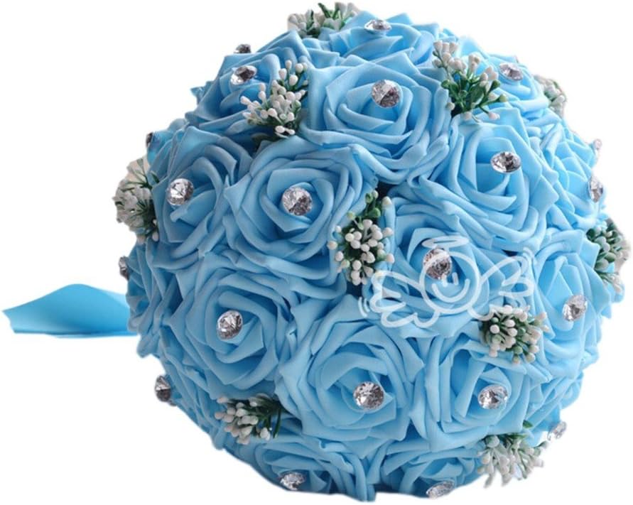 Mollybridal Elegant Rose Flowers Wedding Bouquets with Bling Crystals Bridal Hand Bouquet Blue