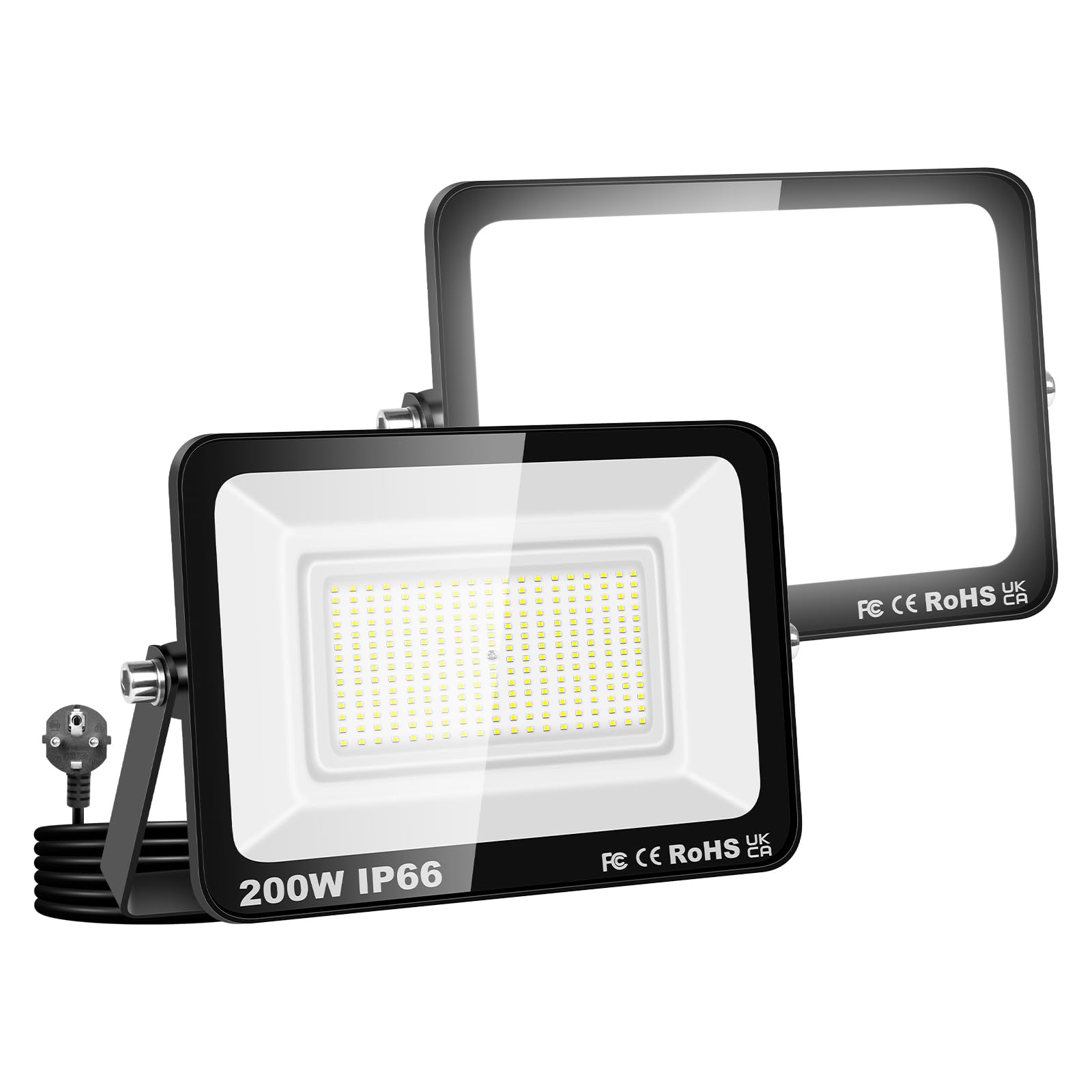 Willpower 2PCS Faretto LED Esterno 200W 20000LM, Faro LED con Spina Proiettore LED 6000K Bianco IP66 Luce di Sicurezza a LED Illuminazione per Garage Giardino Cortile Patio Piazza Officina